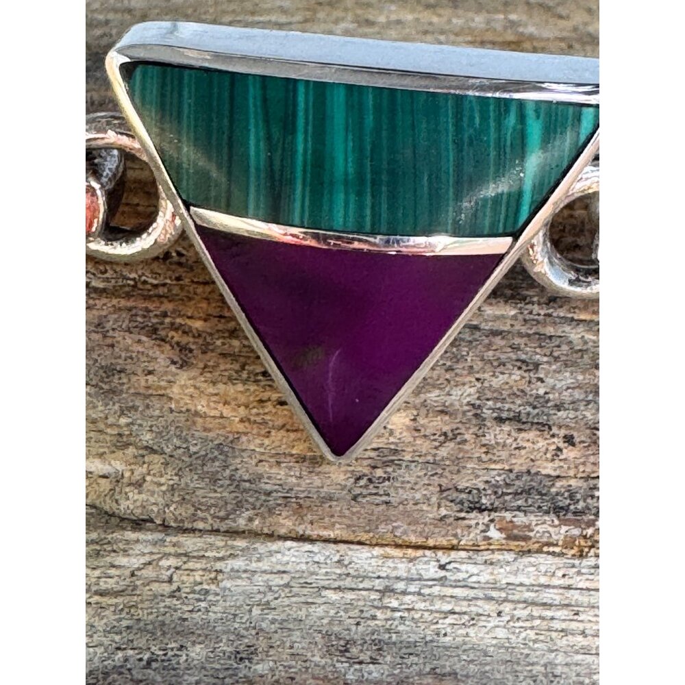 Sterling Silver Triangle Bangle Hinged Bracelet With Malachite Sugilite Inlay - Picture 3 of 8